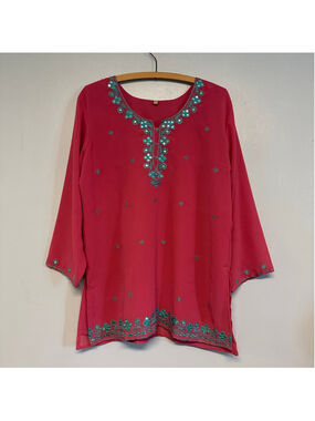 Women's Unbranded pink & Teal Embroidered Kurta size large